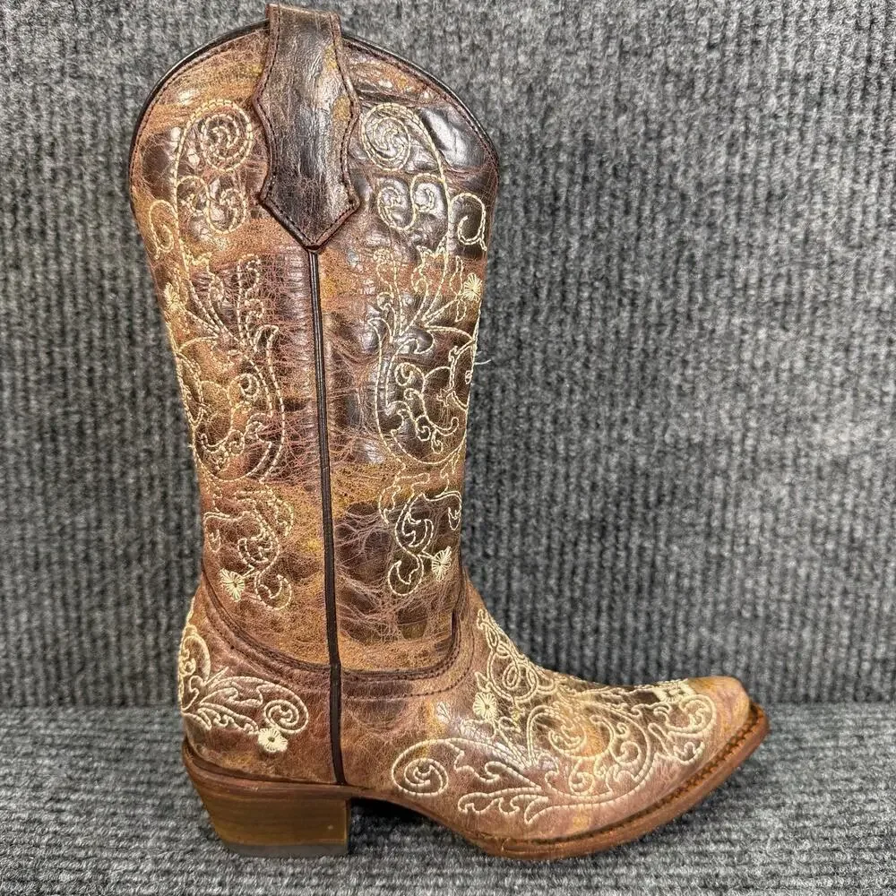 Corral Teens 2.5T Western Cowboy Boots Brown Embroidered Fits Women's 4.5